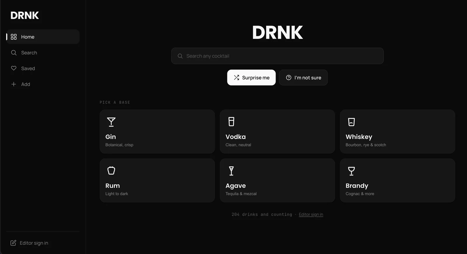DRNK home screen with the spirit picker
