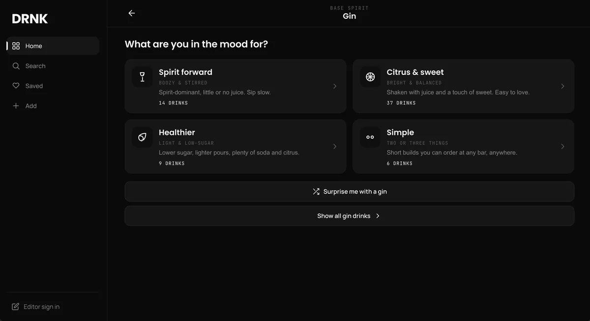 DRNK mood picker asking what you are in the mood for