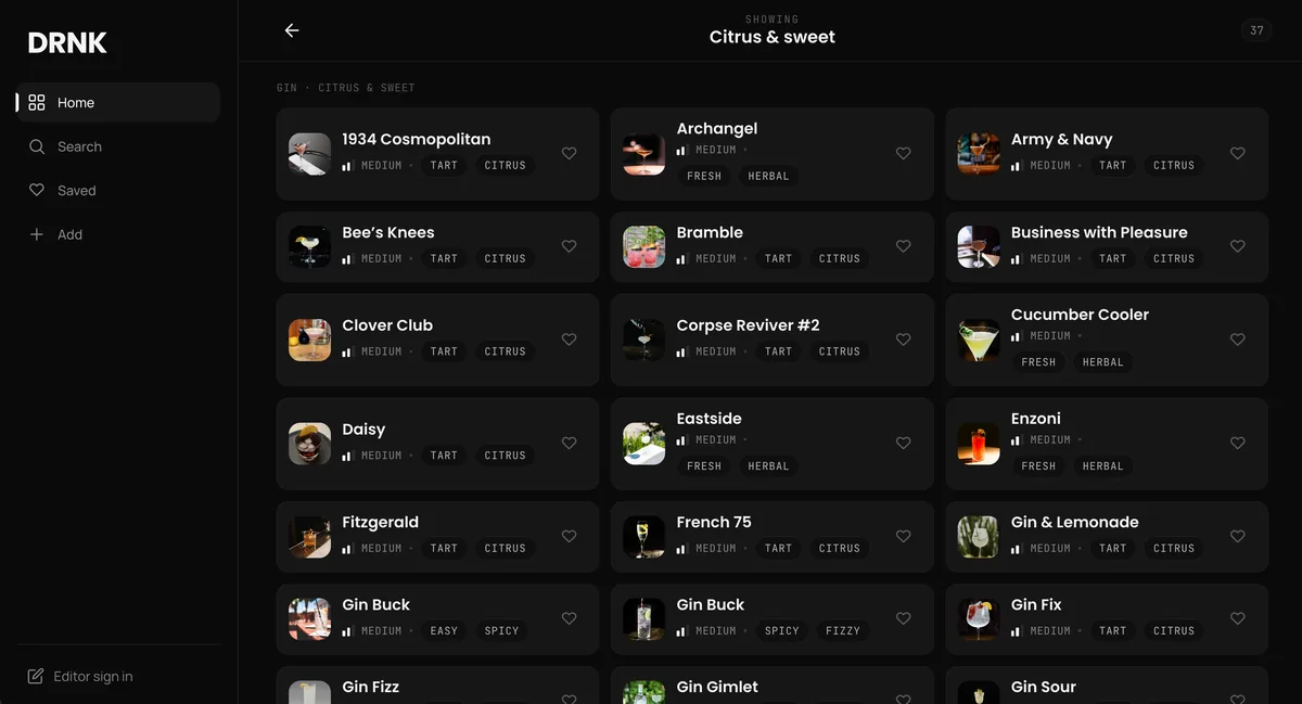 DRNK results grid of gin cocktails