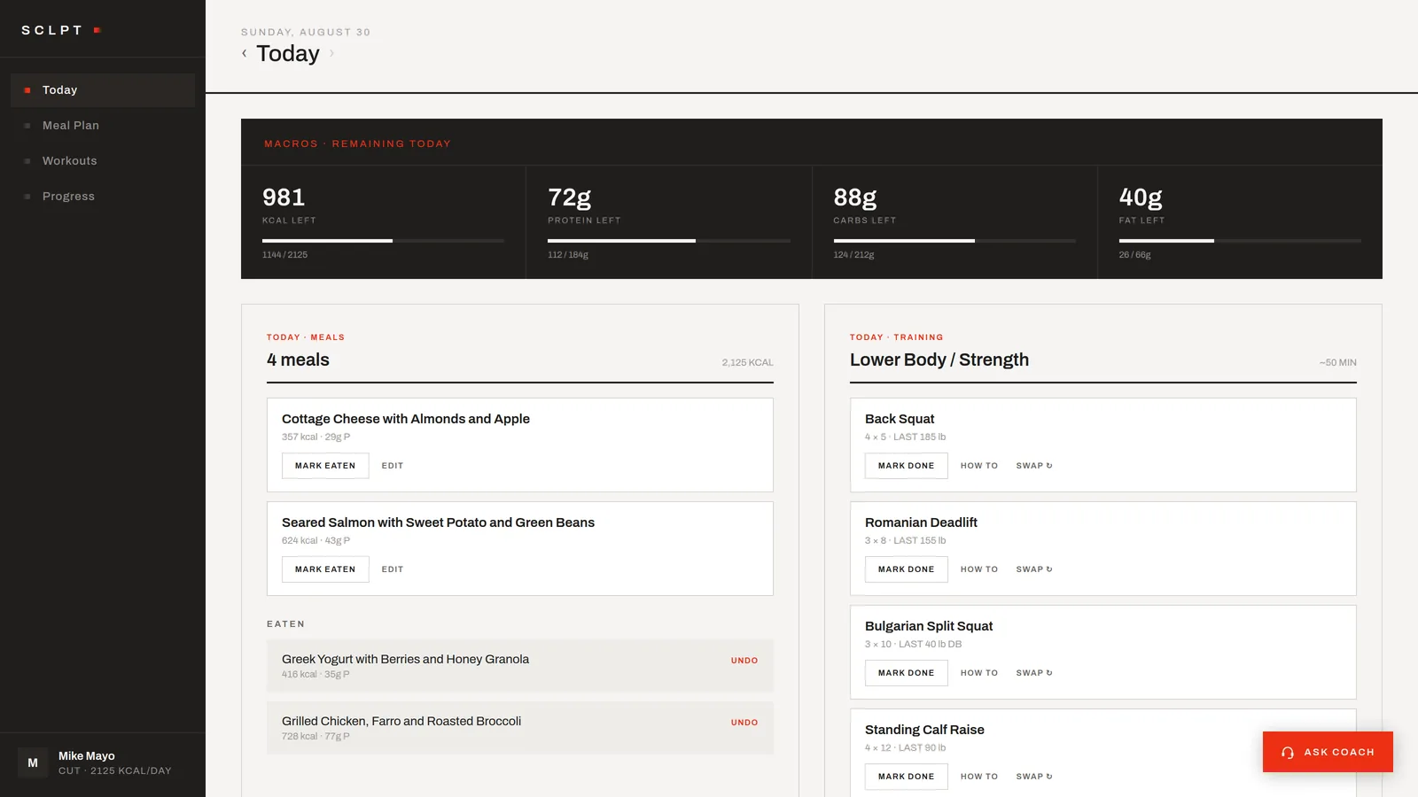 SCLPT today view with macro targets, the day's meals, and the day's training session
