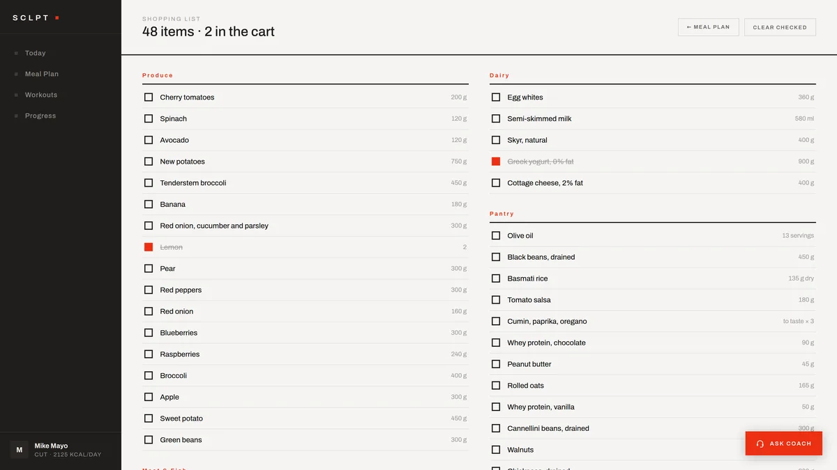 SCLPT aisle-sorted shopping list for the planned week