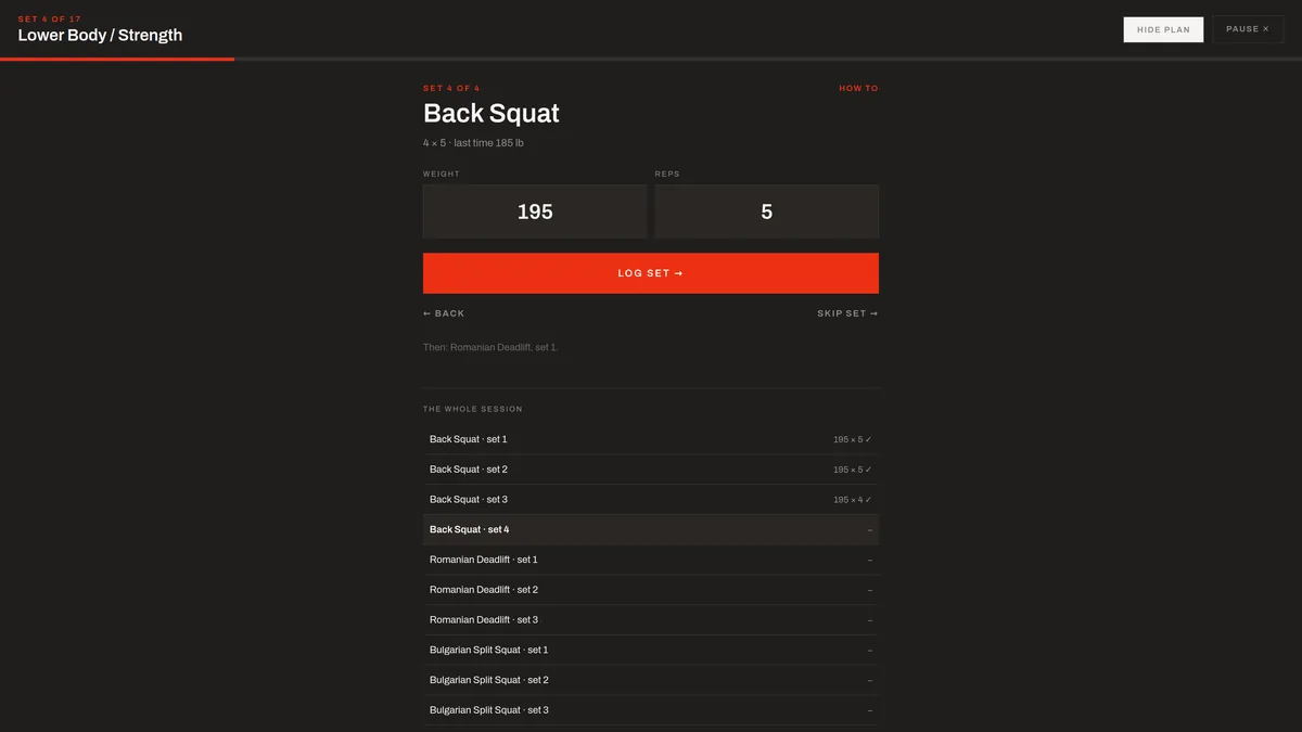 SCLPT session player mid-workout, logging a set of back squats