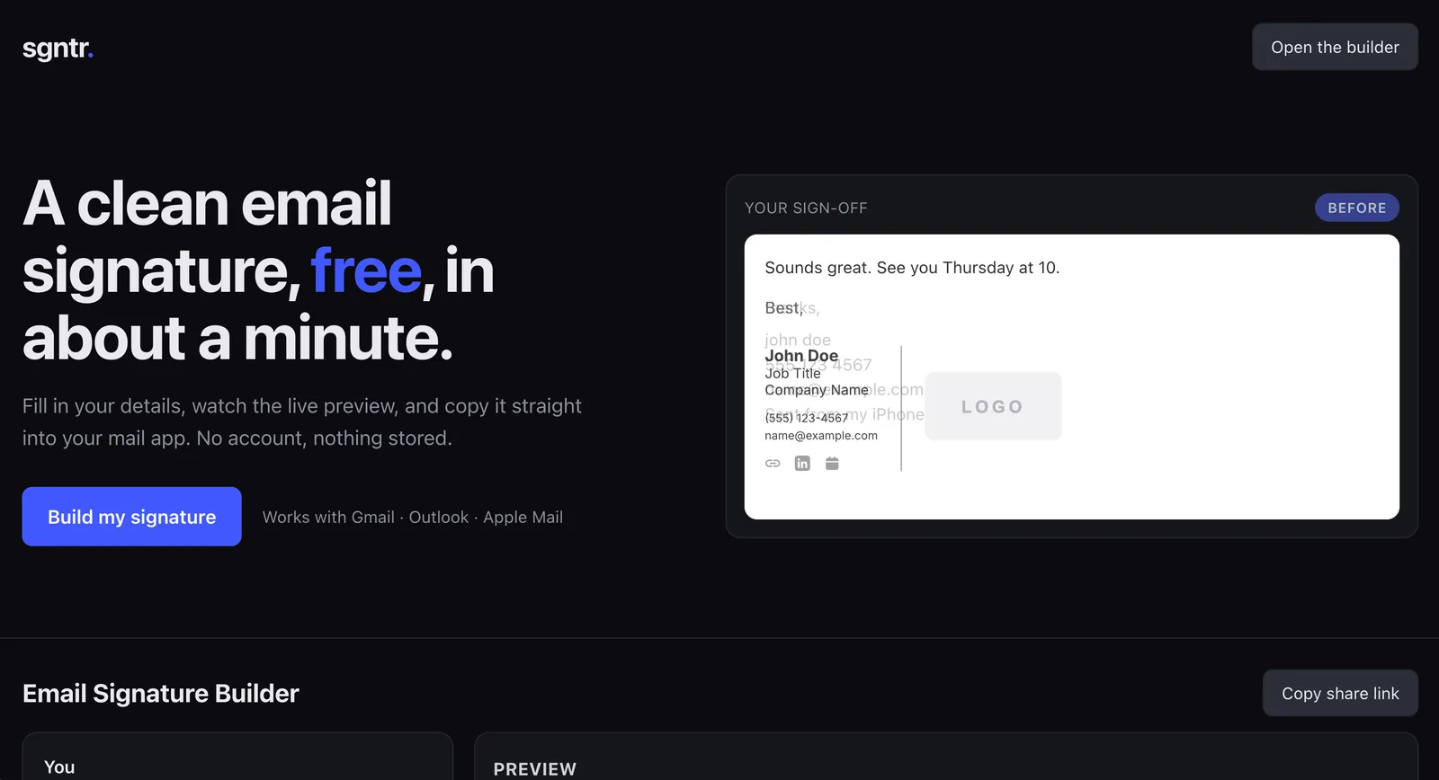 SGNTR landing page with a live signature preview