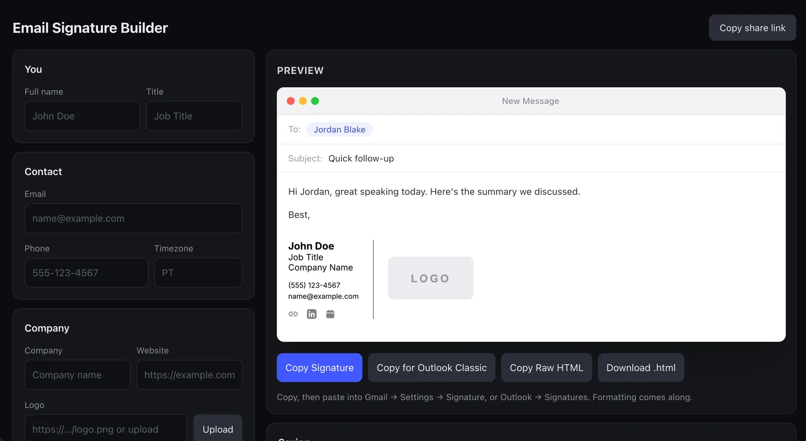 SGNTR builder with the form on the left and a live email preview on the right