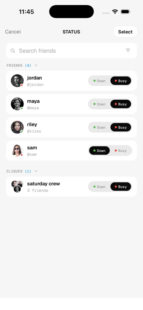 STTS status list showing which friends are down or busy