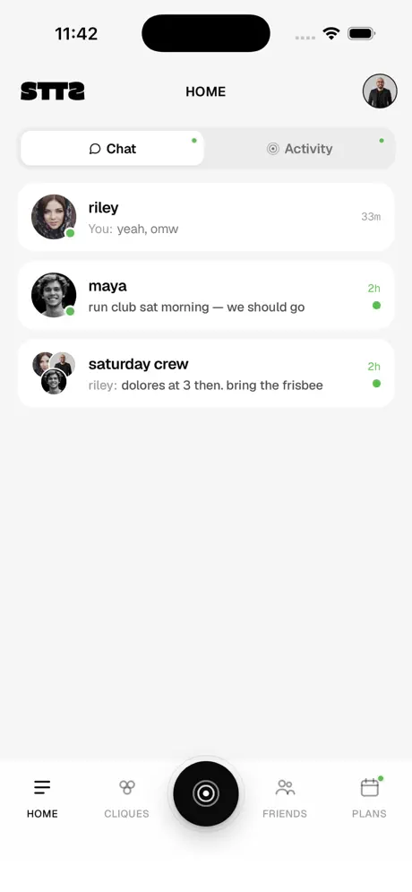 STTS home screen with the status composer
